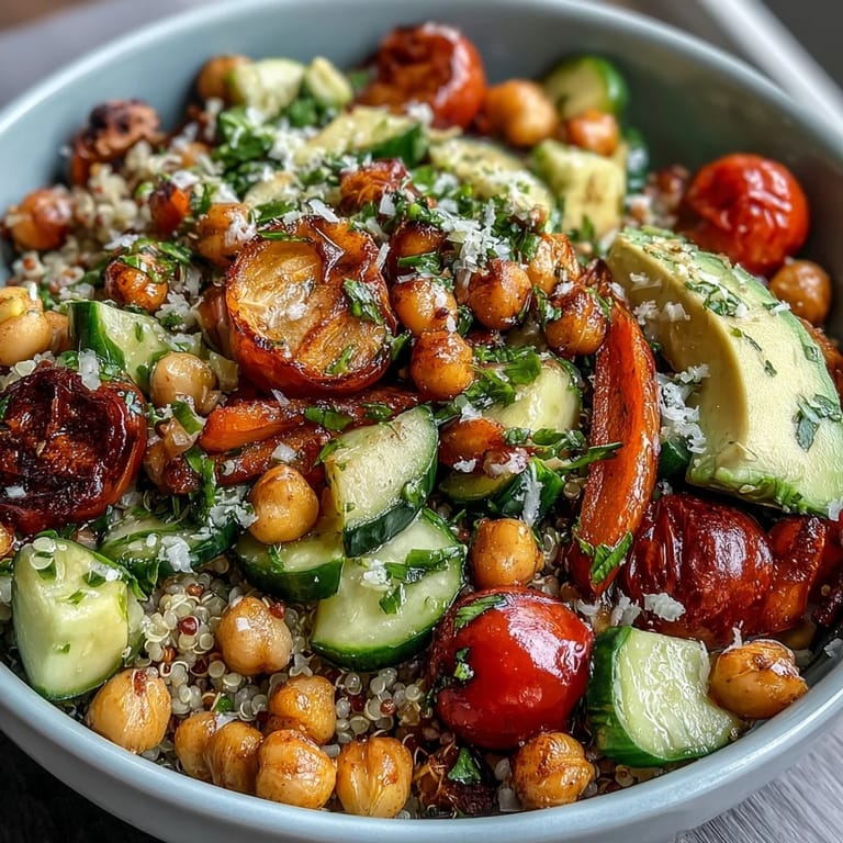 Nutritious grain bowls featuring quinoa, crispy chickpeas, and colorful veggies drizzled with tangy lemon dressing for a satisfying meal.