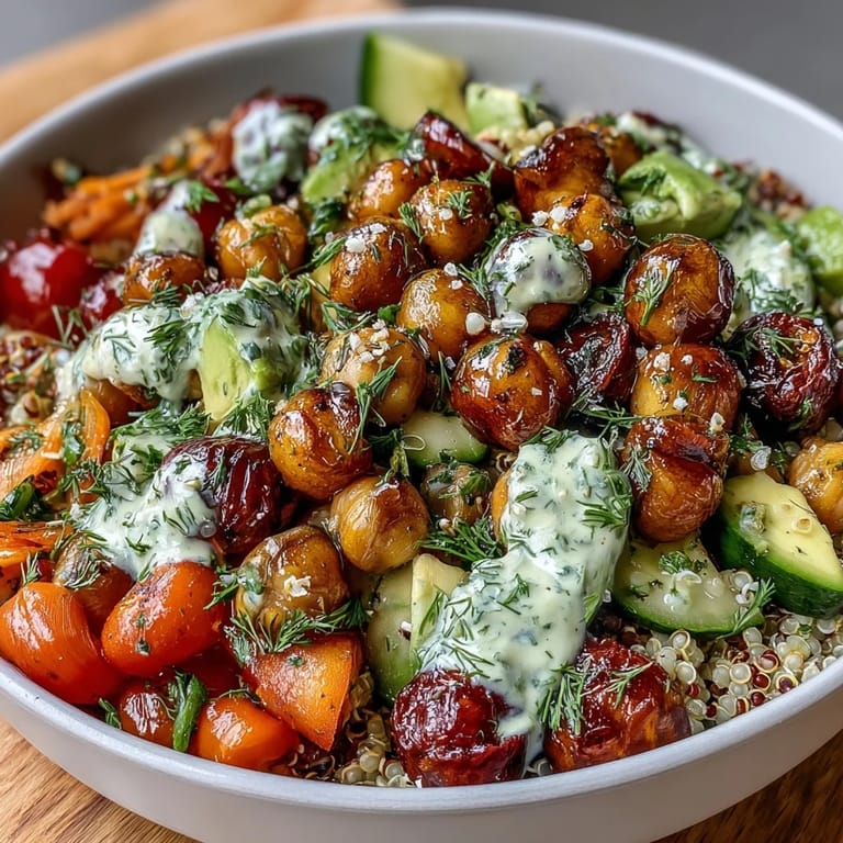 Vibrant lemon vinaigrette grain bowls packed with roasted chickpeas, crisp cucumber, juicy tomatoes, and fresh herbs for a Mediterranean-inspired dish.
