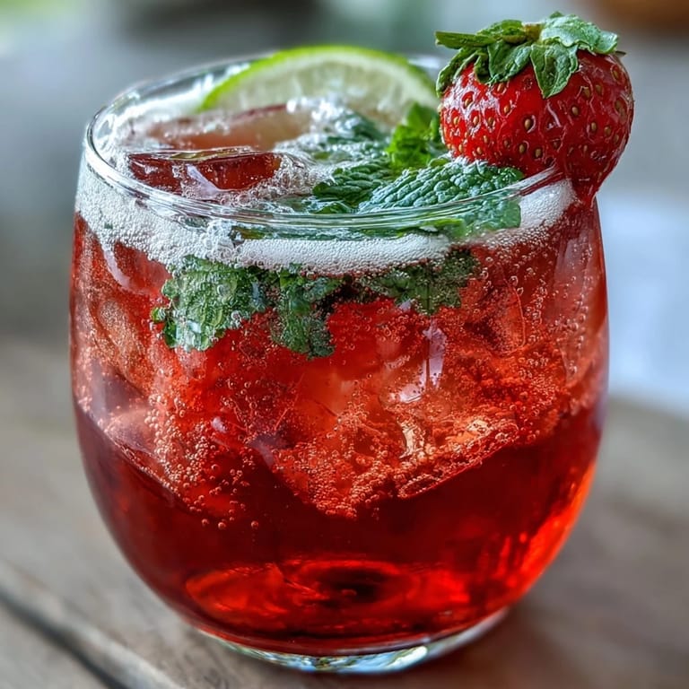 Bright red strawberry puree mixed with lemon juice and bubbles, topped with fresh fruit slices in elegant highball glasses.