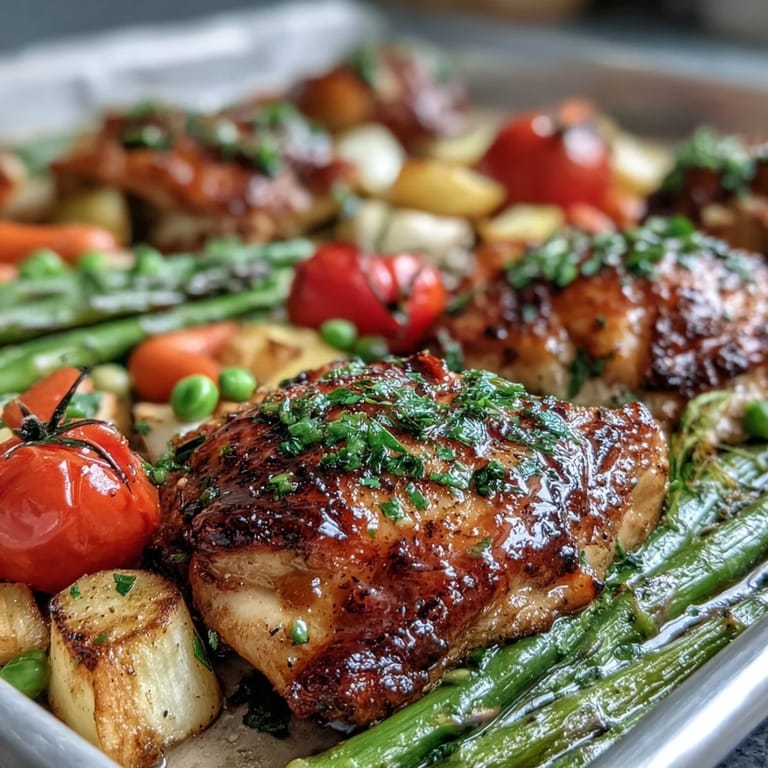 Healthy one-pan dinner with tender chicken, colorful cherry tomatoes, and crisp sugar snap peas, ideal for weeknights.