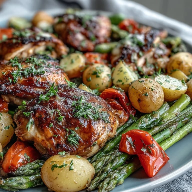 Easy baked chicken and spring vegetables, seasoned with lemon and herbs, served with a side of roasted carrots and peppers.