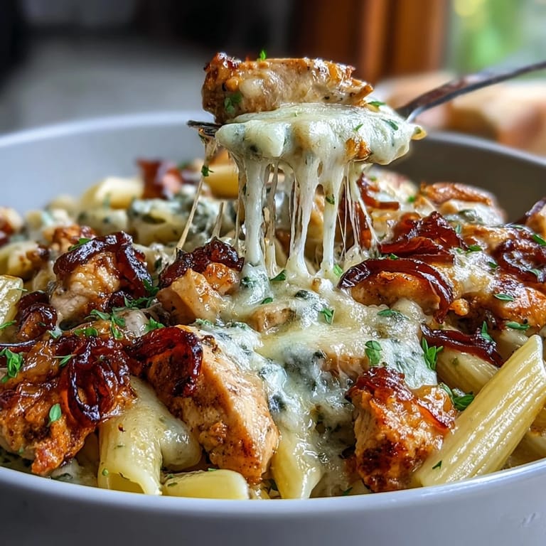 Savory One-Pot French Onion Chicken Pasta with golden chicken, caramelized onions, and bubbling cheese topping.