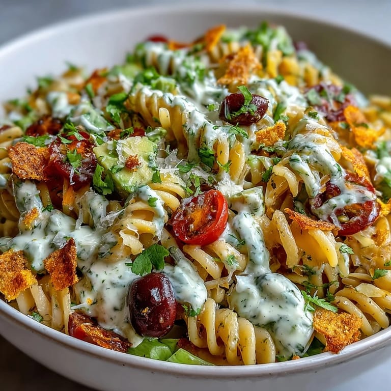 Creamy Tex-Mex pasta salad loaded with black beans, corn, avocado, and cheddar, tossed in zesty taco-seasoned dressing.