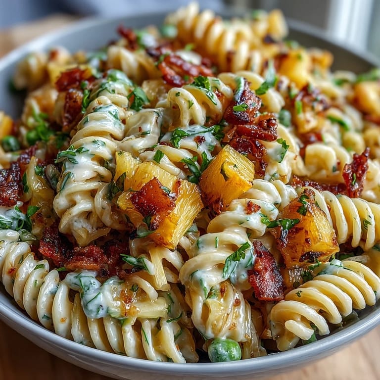 2. Creamy ranch-dressed pasta salad loaded with diced ham, sweet pineapple, and crisp vegetables.  