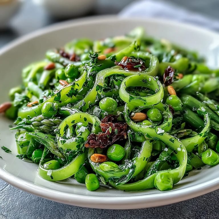 A vibrant asparagus and pea salad with lemon dressing, garnished with shaved Parmesan and toasted pine nuts for a crunchy, tangy spring side dish.