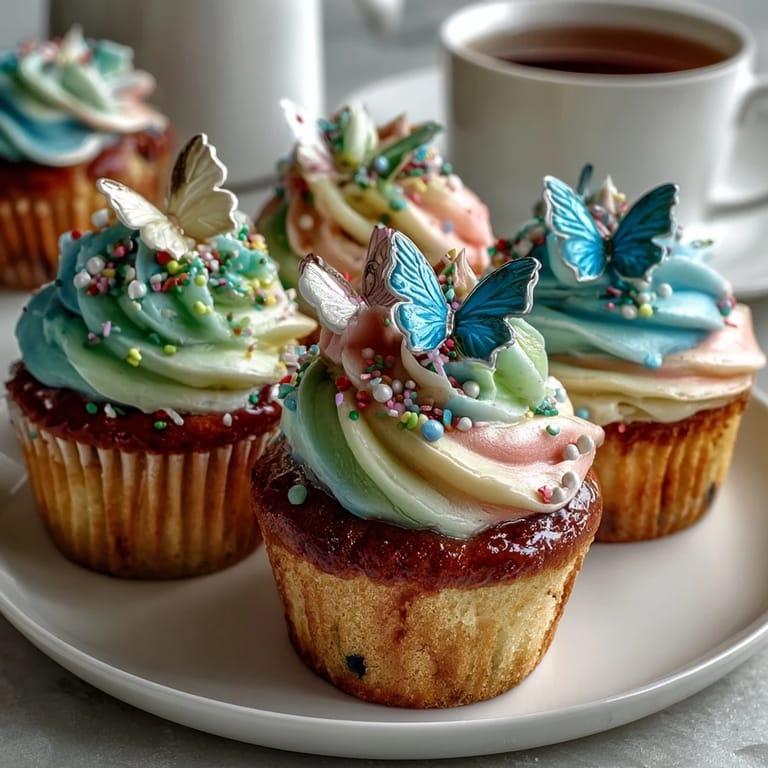 Adorable vanilla cupcakes adorned with colorful butterfly buttercream and sprinkles for springtime joy.