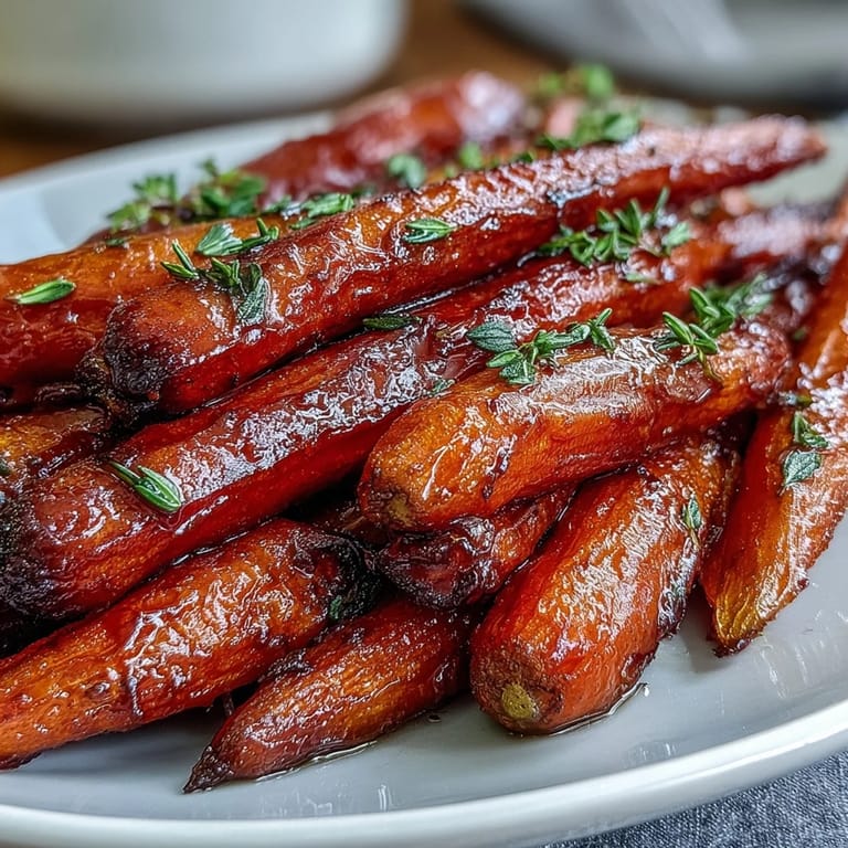 Golden honey glazed carrots roasted to perfection, their natural sweetness enhanced by aromatic thyme and a hint of citrus zest.