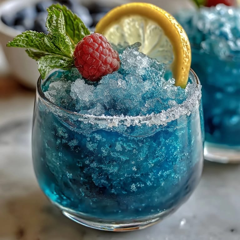 Vibrant blue raspberry lemonade slushie served with lemon slices and fresh raspberries, offering a tangy-sweet frozen treat for all ages.