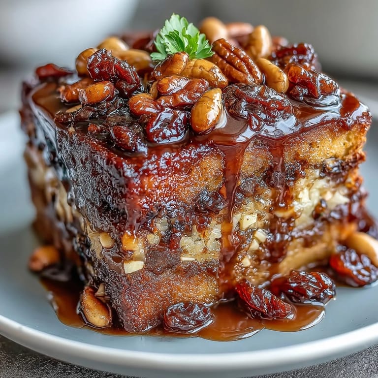 Warm capirotada Mexicana layered with toasted bread, dried fruits, and cinnamon-spiced syrup, topped with melted cheese and nuts.