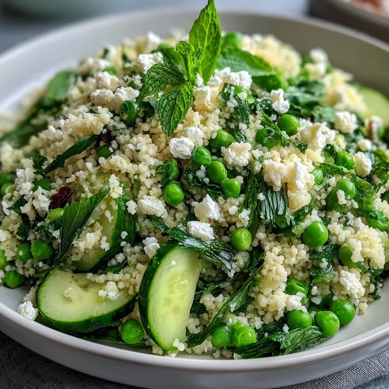Refreshing Spring Pea and Mint Couscous Salad featuring tender peas, chopped mint, and crisp cucumber, perfect for Easter gatherings.