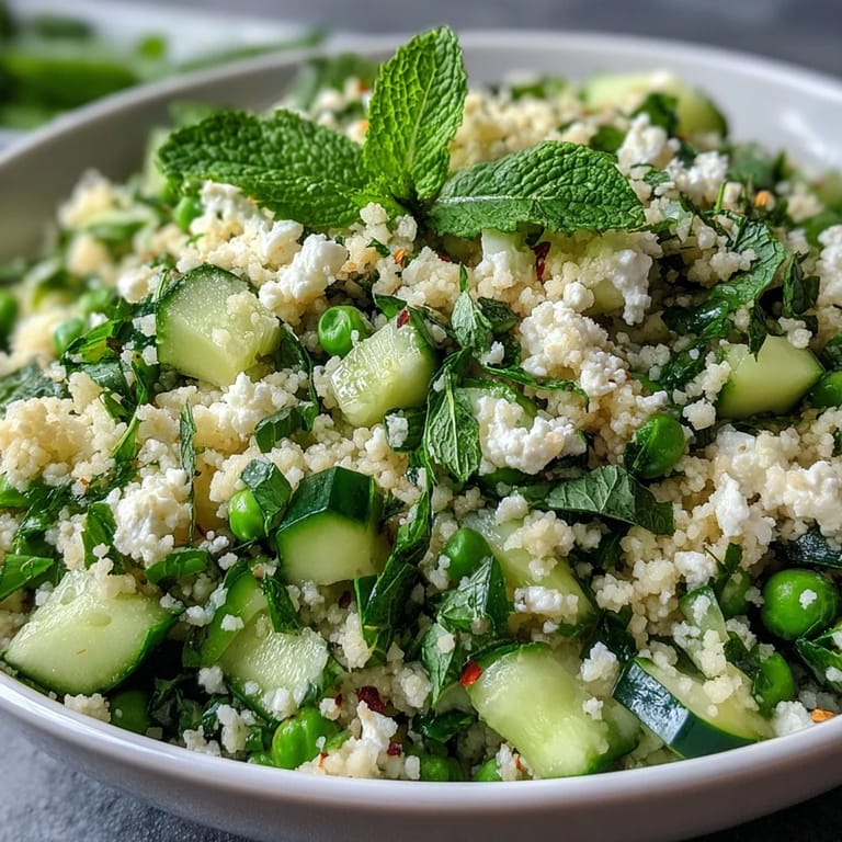 Light and aromatic Spring Pea and Mint Couscous Salad tossed with lemon dressing, parsley, and optional radishes for crunch.