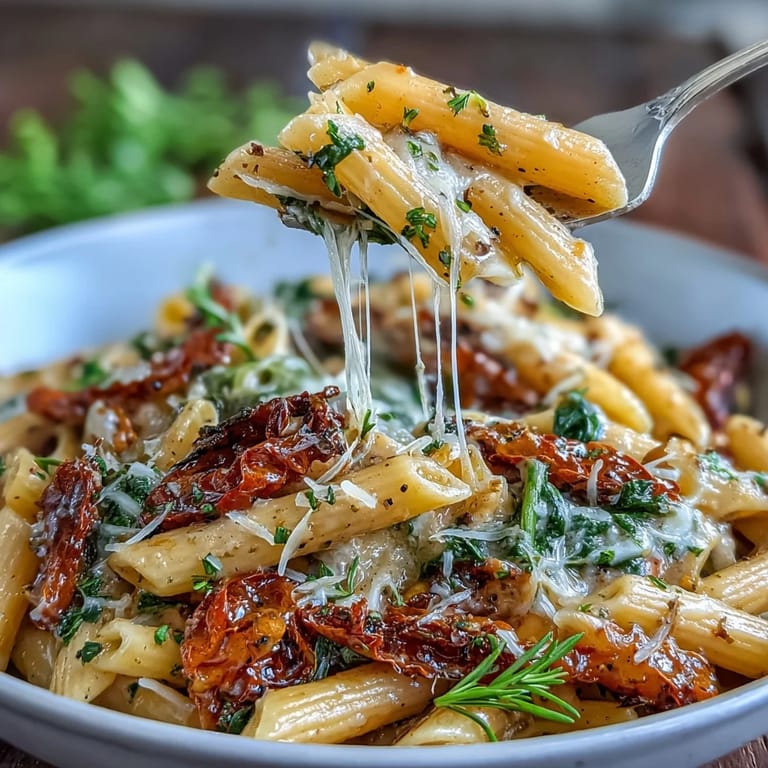 Aromatic one-pot Tuscan pasta featuring tender penne, fresh baby spinach, and savory sun-dried tomatoes, perfect for an easy weeknight dinner.