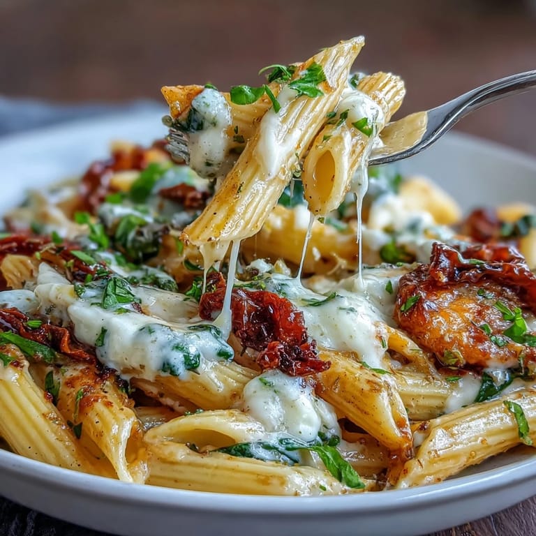 Flavorful one-pot Tuscan pasta simmering with garlic, white wine, and Parmesan, served hot with a sprinkle of Italian herbs.