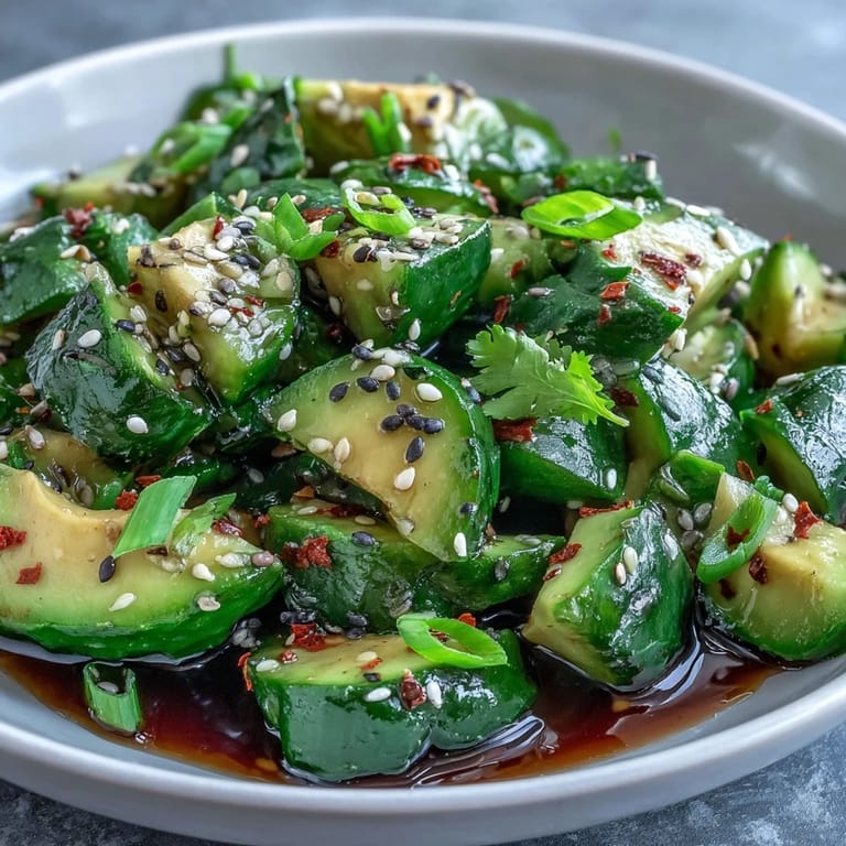 Creamy avocado and crisp smashed cucumber salad, perfect served chilled.