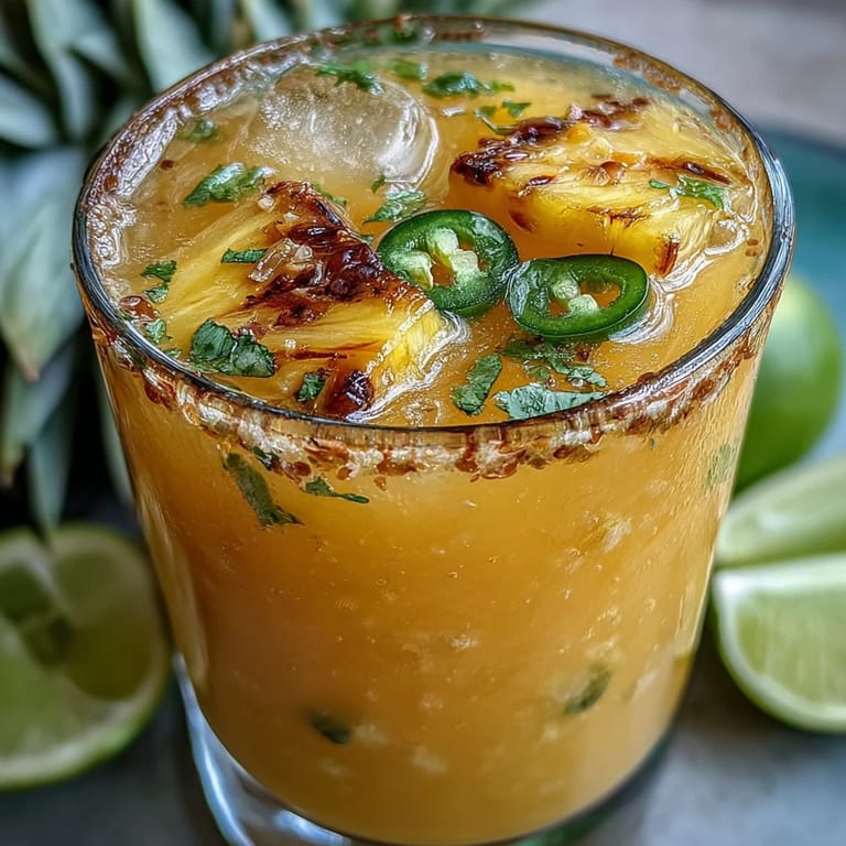 Close-up of a glass of colorful Pineapple Jalapeño Agua Fresca, garnished with fresh fruit.