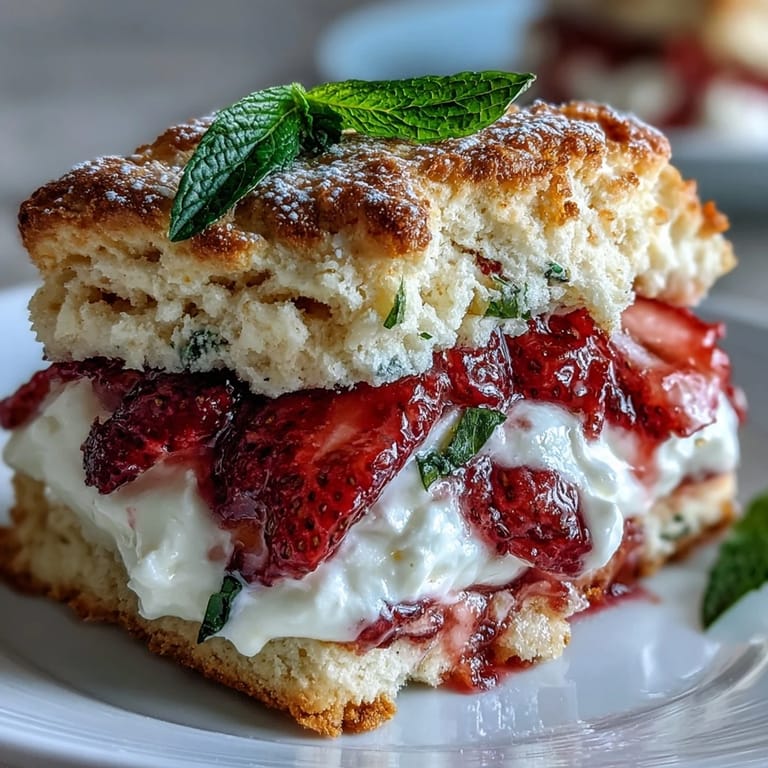 Sweet biscuit dessert with macerated strawberries, basil, and fluffy whipped cream.