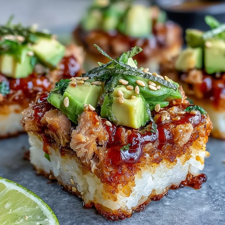 A vibrant Crispy Rice Salad with Spicy Tuna, topped with creamy avocado and radish.