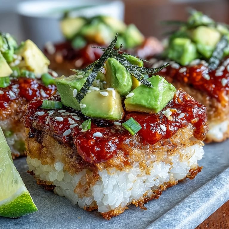 Freshly assembled Crispy Rice Salad with Spicy Tuna, drizzled with dressing and sesame seeds.
