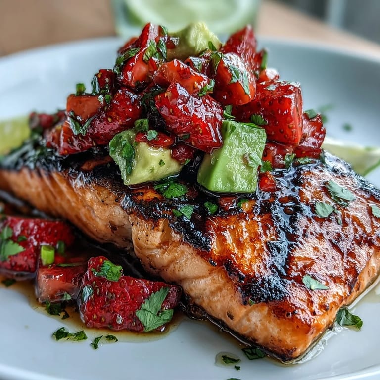 Juicy grilled salmon topped with a fresh, vibrant strawberry avocado salsa ready to serve.