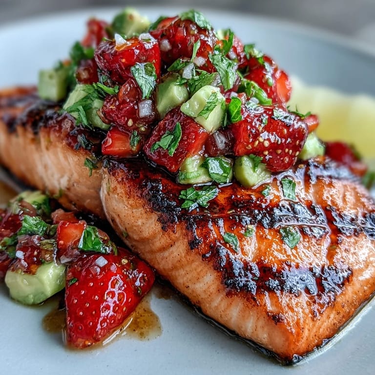 Enjoy this tender grilled salmon crowned with sweet, creamy strawberry avocado salsa.