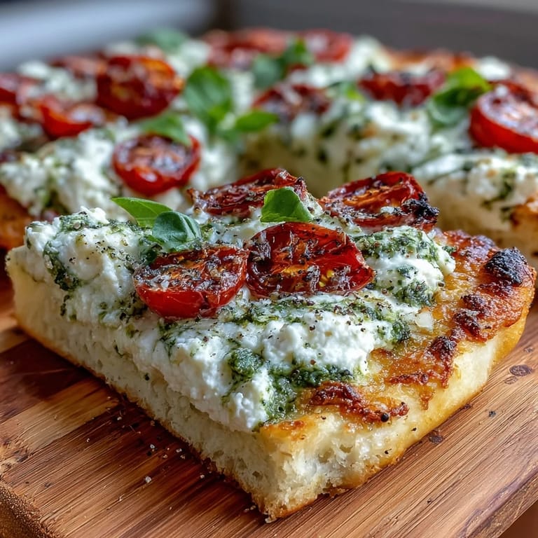 Savory cottage cheese flatbread topped with pesto, cherry tomatoes, and basil.