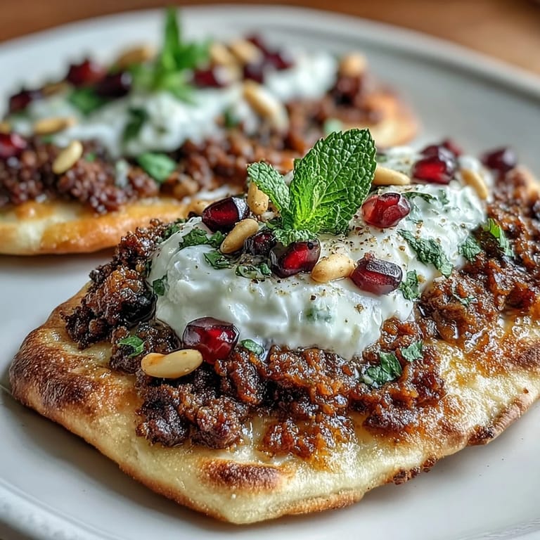 Warm Middle Eastern-inspired flatbread pizza with seasoned lamb, fresh herbs, and a tangy yogurt drizzle.  