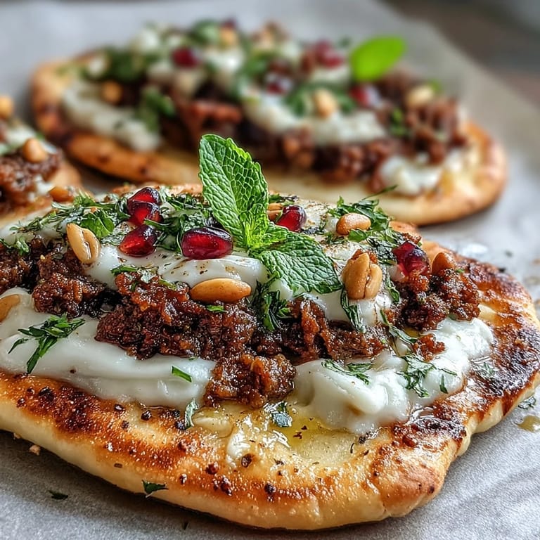 Crispy spiced lamb flatbread pizza served with pomegranate jewels, mint leaves, and toasted pine nuts.