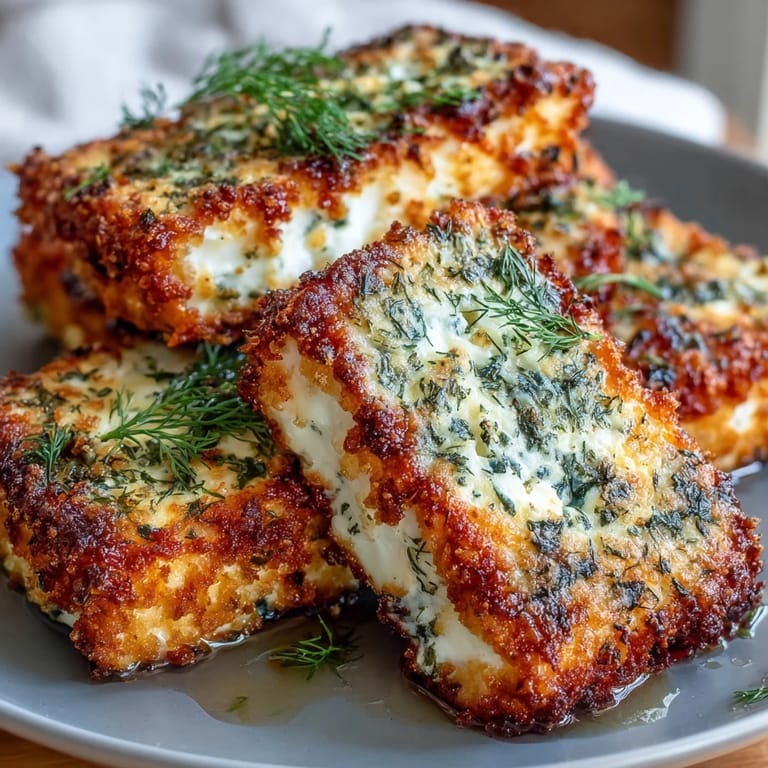 Warm baked feta with golden panko crust, topped with honey and fresh herbs, perfect for sharing or snacking.