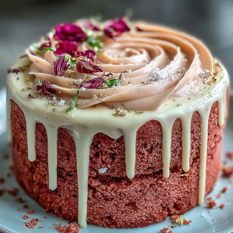 Pink velvet cake layers filled with rosé cream cheese frosting, topped with shimmering gold drip for a bridal shower celebration.