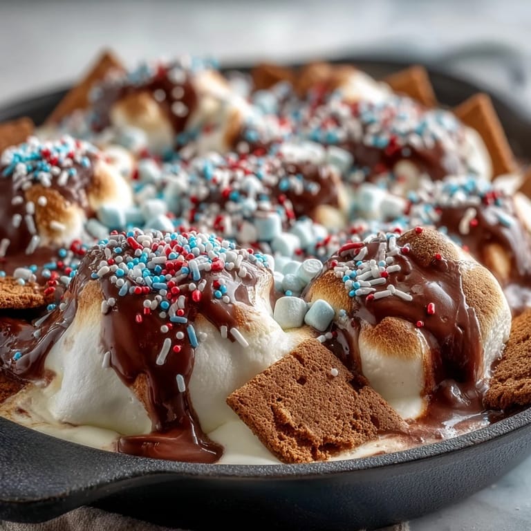 Festive molten chocolate skillet 4th of July S'mores Dip served warm.