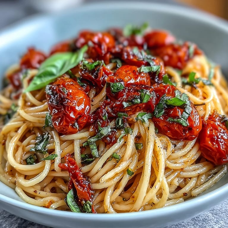 A beautiful bowl of cherry tomato confit pasta, perfect for a summer meal.