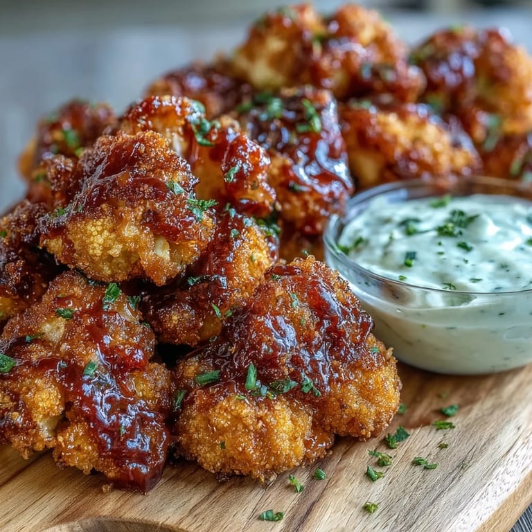 Smoky BBQ cauliflower wings and cooling vegan ranch dip, ready to enjoy.