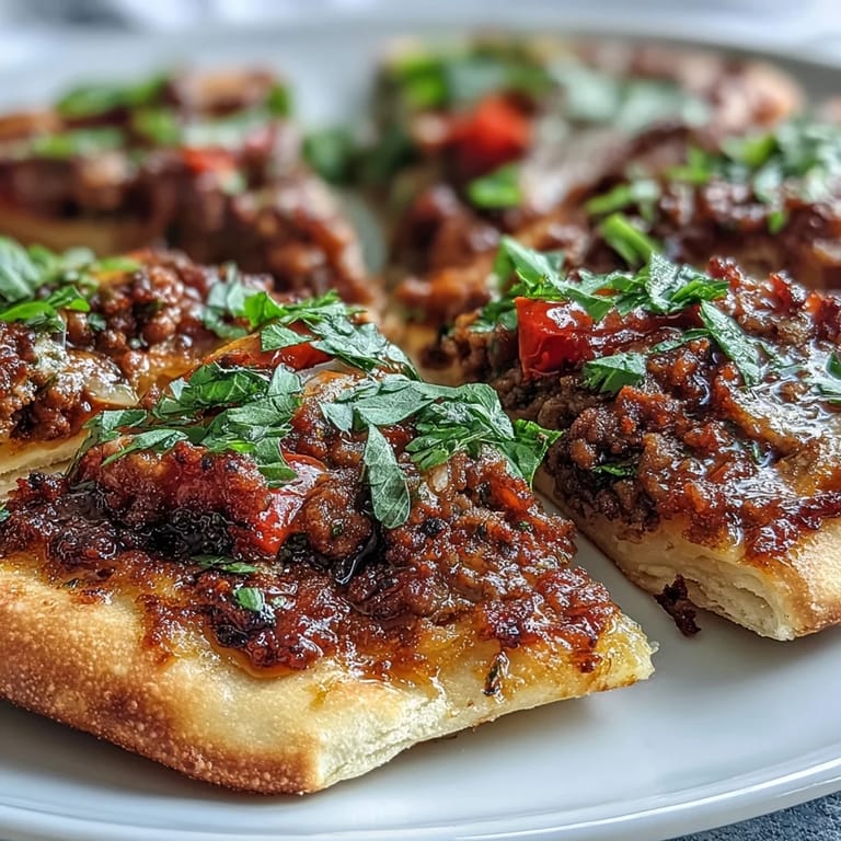 Close-up of Turkish Lahmacun with ground lamb, ready for eager diners.
