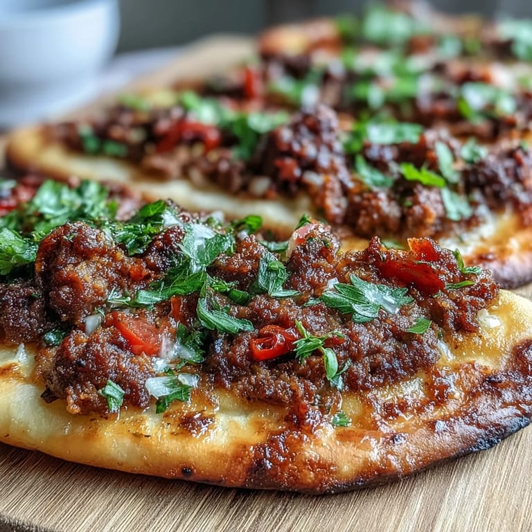 Thin, golden Turkish Lahmacun loaded with spiced lamb, herbs, and lemon wedges.