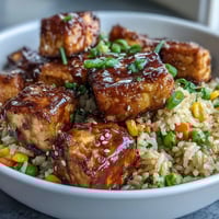 Crispy sesame tofu fried rice with golden tofu cubes and colorful mixed vegetables steaming in a wok.