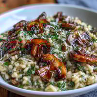 Wild mushroom risotto with truffle oil, creamy and rich, garnished with fresh parsley and Parmesan.  