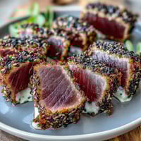 A perfectly seared tuna steak coated in crunchy black sesame seeds, sliced rare and served with a vibrant wasabi mayonnaise.