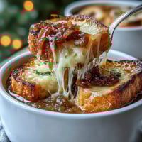 A steaming bowl of rich caramelized French onion soup topped with golden sourdough Gruyere crostini and melted cheese.