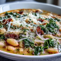 Hearty Tuscan white bean soup with kale and Parmesan, perfect for a cozy winter dinner.  