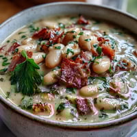 Creamy ham and white bean soup with herbs, featuring tender ham, hearty beans, and fresh parsley in a rich broth.  