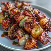 Juicy BBQ chicken and pineapple kebabs with smoky red onion, grilled to perfection for a flavorful summer meal.  