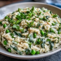 A vibrant bowl of creamy spring pea and mint risotto, garnished with fresh mint leaves and Parmesan shavings.  