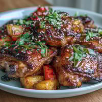 Sticky Honey Garlic Chicken Pineapple Skillet with tender chicken thighs in a sweet, savory glaze, caramelized pineapple, and bell peppers for a vibrant one-pan meal.  