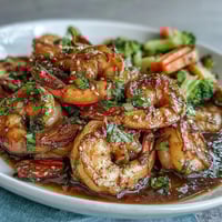 A colorful shrimp stir-fry with crisp bell peppers, broccoli, and carrots in a savory garlic-ginger sauce.  