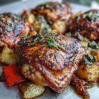 Sheet pan chicken with roasted vegetables, golden chicken thighs nestled among colorful roasted carrots, peppers, and potatoes, fresh parsley garnish.