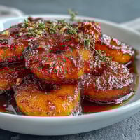 Golden candied yams glistening in rich brown sugar butter syrup, a classic Southern comfort side dish.