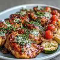 Spring Dinner Sheet Pan Chicken with Zucchini and Cherry Tomatoes roasted to perfection on a single tray for an easy, colorful meal.
