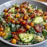Bright lemon vinaigrette grain bowls with roasted chickpeas, fresh vegetables, and creamy avocado, perfect for a healthy lunch.