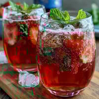 A vibrant strawberry lemon sparkling mocktail with fresh mint and citrus slices in chilled glasses, perfect for spring gatherings.