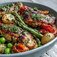 Vibrant sheet pan chicken with spring veggies, featuring juicy chicken and fresh asparagus roasted to perfection.